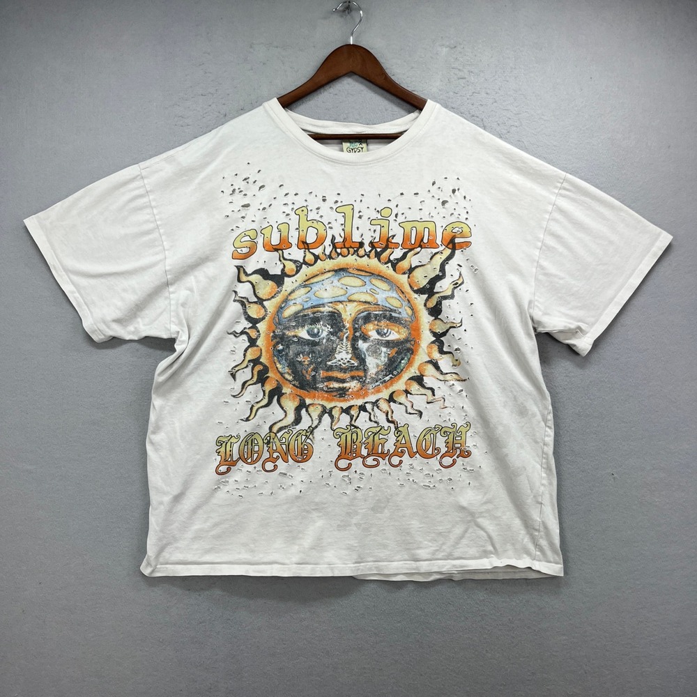 Jaded Gypsy Sublime T-Shirt Womens OS White Sun Distressed Graphic Tee Boho Rock